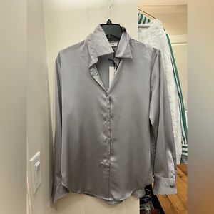 Silver long sleeve satin blouse